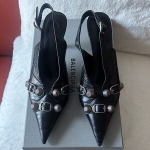 Balenciaga Black Pointed Slingback Pumps with Buckle Stud Details